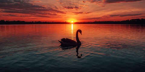Black Swan floating on Perth's Swan River at sunrise with red water glow, indigenous species visible, flag emblem, World Biodiversity Day