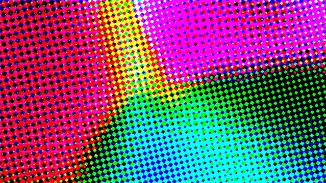 Close-up of abstract cmyk halftone dots and screen print texture in vivid colors