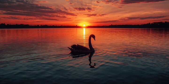 Black Swan floating on Perth's Swan River at sunrise with red water glow, indigenous species visible, flag emblem, World Biodiversity Day