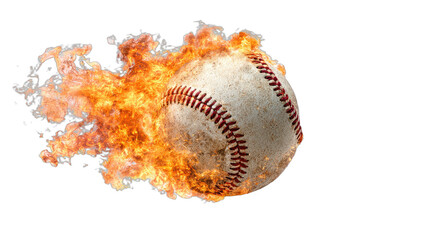A baseball flies through the air engulfed in flames