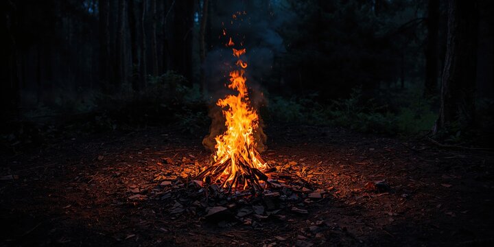 Campfire in the woods serving as a natural background with warm light and textured wood surfaces, ideal for nature-themed layouts