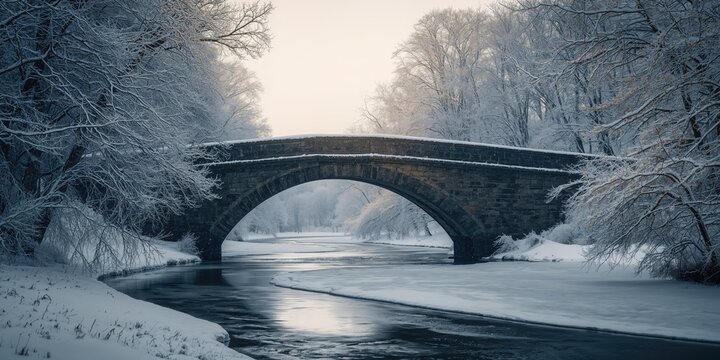 Snow-covered stone bridge during a heavy blizzard in winter, harsh weather conditions, winter safety awareness