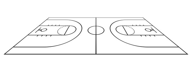 Clean perspective outline of a basketball court with key zones, arcs and marking lines, suitable for sport diagrams, coaching materials, athletic design themes and creative graphic projects.