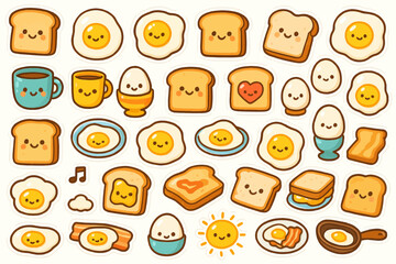 Cute kawaii breakfast stickers of adorable eggs and toast with charming faces