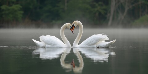 Mute swans resting on a calm lake surface, natural habitat conservation, Earth Day