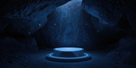 Futuristic sci-fi background with a product display pedestal and rock cave setting, suitable for UI backdrop or layout design