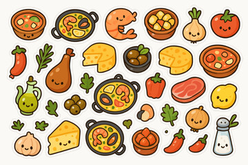 Cute cartoon food stickers featuring adorable ingredients and dishes