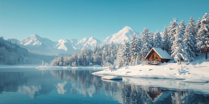 Snowy mountain scene with a soft-focus winter backdrop and clear blue sky, suitable for editorial header use - Powered by Adobe