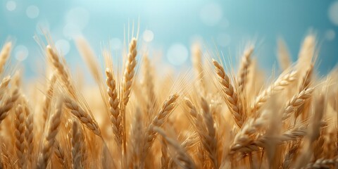 Bright dry wheat ears scattered on a blue surface serving as an editorial header background, seasonal harvest imagery
