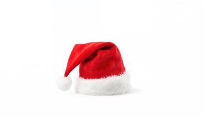 Red and white Santa hat placed on plain background for festive styling, seasonal observance