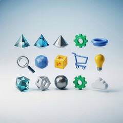 A collection of 3D icons for technology and business. Modern geometric shapes and symbols for web design. AI generation of user interface elements