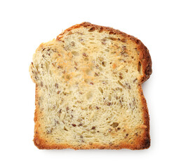 Slice of toasted bread with seeds isolated on white, top view