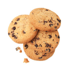 Yummy chocolate chip cookies isolated on white, top view