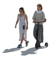 Backlit cut out PNG image of two girls with a scooter walking in the street, isolated on white and transparent background © Martin