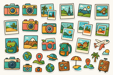 Colorful travel stickers featuring cameras, landscapes, and travel icons