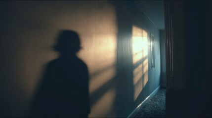 Shadow of a Person Casting on Wall with Sunlight Streaming Through Window in Dimly Lit Hallway