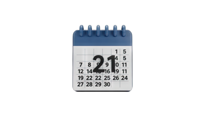 Desk calendar page showing the twenty first day of the month with blue binder rings and white paper page on a black background isolated.