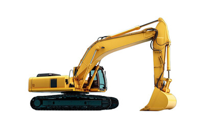 Yellow heavy-duty tracked construction machine with articulated arm and bucket
