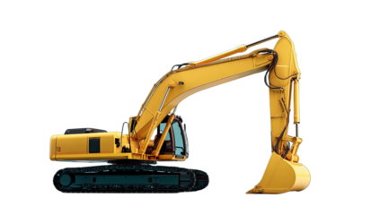 Yellow heavy-duty tracked construction machine with articulated arm and bucket