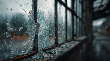 Shattered Glass Window in Abandoned Industrial Space During Rainy Weather