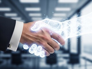 Digital Handshake, Human and Virtual Partnership, Office, Photo, Modern Technology, Close-Up, Collaboration Concept