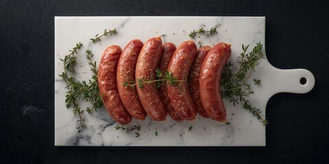 Fresh raw butchers sausages in skins with thyme on marble surface focusing on meat processing hygiene,