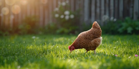 A hen pecking at grass in the garden, natural foraging behavior