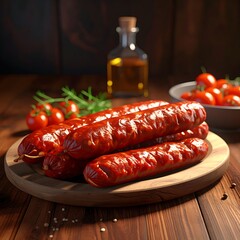 Glossy sausages, bright tomatoes, and herb sprigs on wood board, backed by oil and tomato bowl