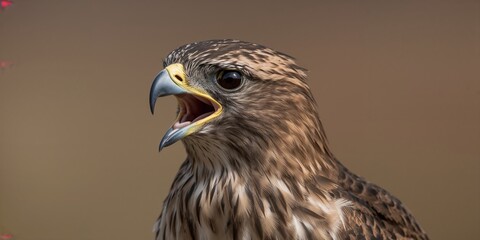 Juvenile common buzzard with open beak, avian focus alertness, wildlife photography