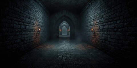 Long, lit corridor inside a medieval fortress with stone arches, architectural preservation, historical site preservation day