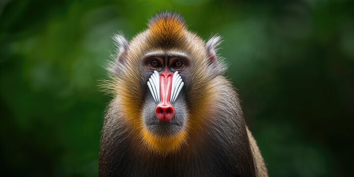 Close-up of a Mandrillus sphinx primate with a white mouth and red nose in African rainforests, highlighting conservation awareness