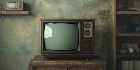 Close up of an old retro TV with a blank screen functioning as a background for graphic layout, visual texture for design projects