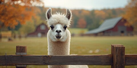 Obraz premium Llama standing alone behind a farm fence, illustrating livestock management and agricultural setting