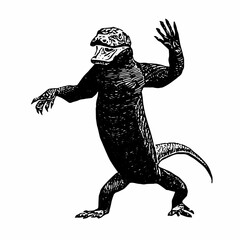 Black and white vintage-style illustration of a standing Komodo dragon with raised arm, detailed scales, and textured shading.