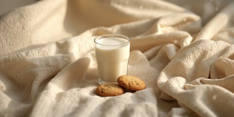 A glass of milk and cookies on a cozy blanket with warm lighting, ideal for a relaxing evening snack, World Food Day