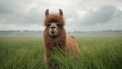 Fototapeta premium Llama with brown fur on a grassy field under a cloudy sky, focused on calmness and natural environment, World Animal Day