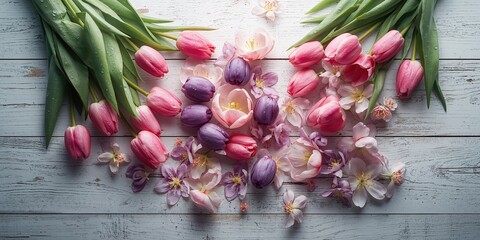 Colorful tulips placed on white wooden surface emphasizing floral arrangement for spring themes