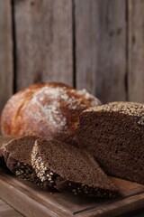 Different types of bread on table, closeup