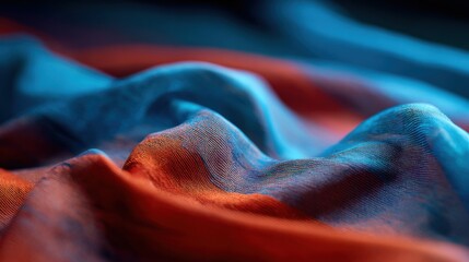 Medium shot of a fabric with colorshifting thermoresponsive prints transitioning from cool blues to warm reds as temperature changes highlighting dynamic textile innovation.