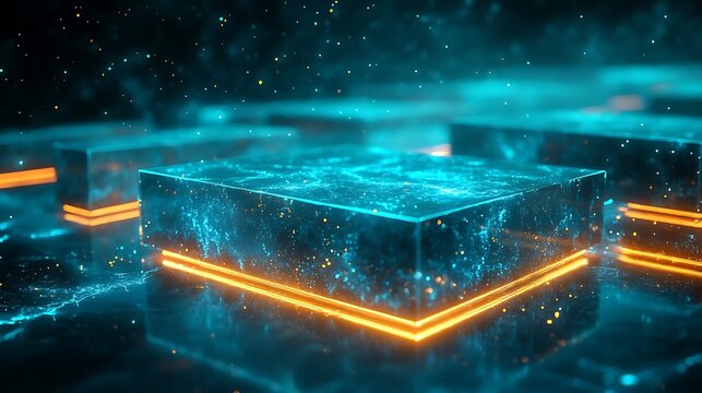 Abstract digital landscape featuring glowing data cubes with neon lights and particles - Powered by Adobe