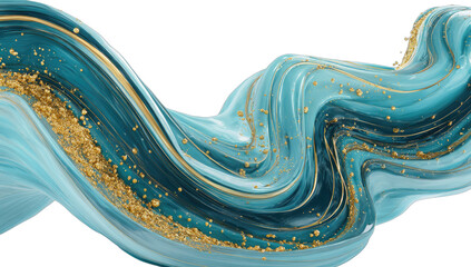 Flowing turquoise and gold abstract swirls, textured with shimmering particles