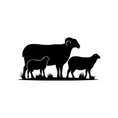 Silhouette of a ram with two sheep standing in grass, symbolizing family and livestock.