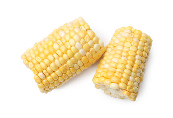 Pieces of raw corncob isolated on white, top view