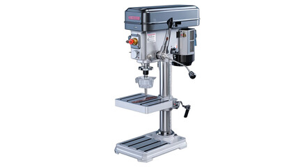 Gray and silver stationary tool with adjustable drill press table and motor