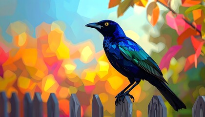 Glossy starling perched on a fence, with vibrant, painterly autumn foliage in the background