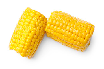 Pieces of boiled corncob isolated on white, top view