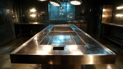 Sleek Stainless Steel Autopsy Table in a Dimly Lit Forensic Laboratory