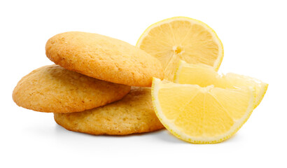 Tasty lemon cookies and fruit slices isolated on white