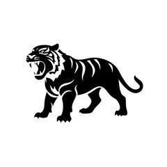 Obraz premium Black silhouette of a roaring tiger with visible teeth and stripes, depicted in a powerful and aggressive stance on a white background.