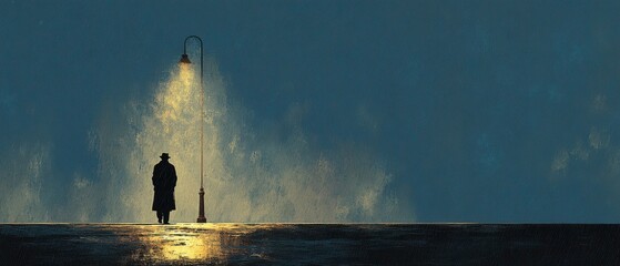 Solitary Figure Standing Under Streetlamp in Snowy Night Scene with Soft Glow